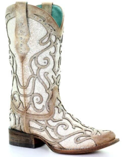 Western Cowboy 10 Corral Women's White Glitter Inlay Western Boots - Square Toe