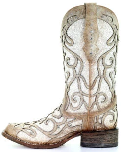 Corral Women's White Glitter Inlay Western Boots - Square Toe -Western Cowboy 2000288063 103 P3