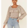 Beyond The Radar Women's Ditsy Smocked Long Sleeve Peasant Crop Top 