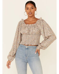 Beyond The Radar Women's Ditsy Smocked Long Sleeve Peasant Crop Top 