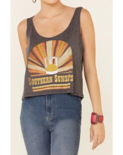 Goodie Two Sleeves Women's Charcoal Southern Sunsets Graphic Crop Tank Top -Western Cowboy 2000343919 022 P3