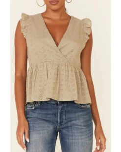 Wishlist Women's Gucci Eyelet Ruffle Surplice Short Sleeve Babydoll Top  -Western Cowboy 2000349957 341 P3