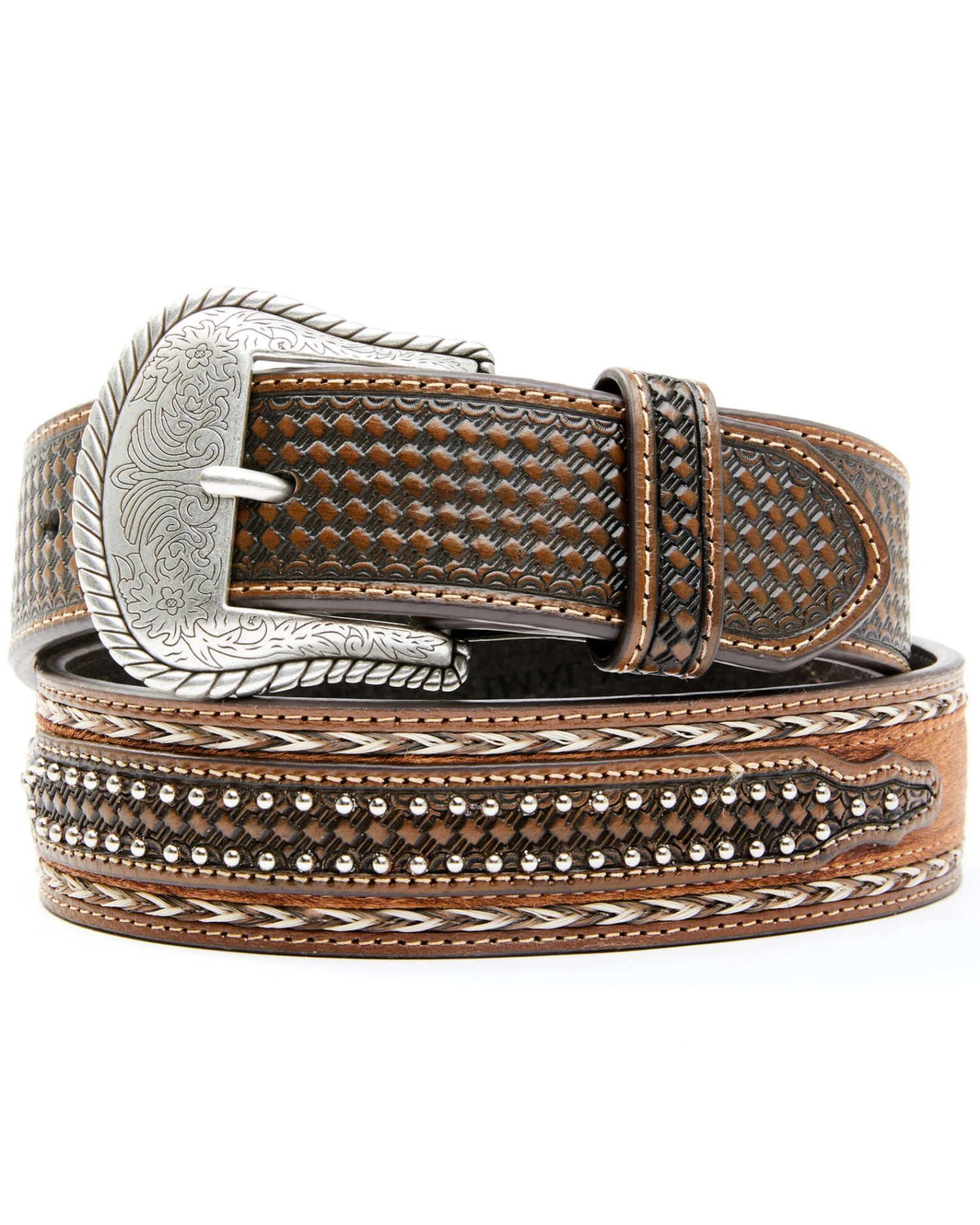 Cody James Men's Brown Hair-On Basketweave Studded Leather Belt 1 Cody James Men's Brown Hair-On Basketweave Studded Leather Belt