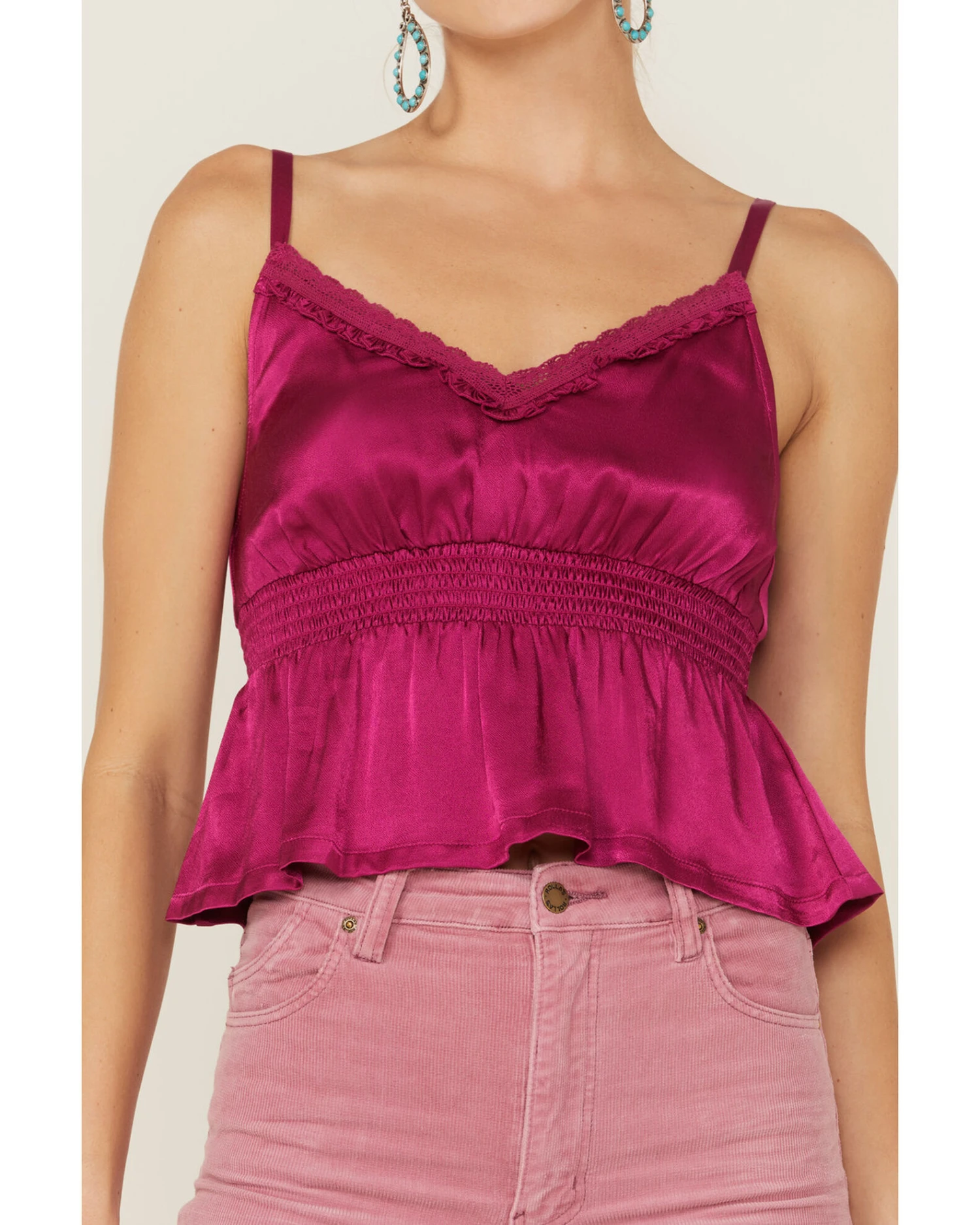 Shyanne Women's Fuchsia Satin Smocked Empire Cami 2 Shyanne Women's Fuchsia Satin Smocked Empire Cami - Image 2