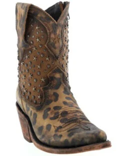 Caborca Silver By Liberty Black Women's Leopard Print Studded Short Western Boots - Pointed Toe