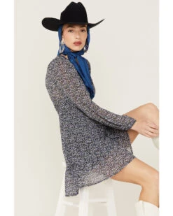 Lush Women's Floral Long Sleeve Smocked Mini Dress -Western Cowboy 2000368157 410 P4