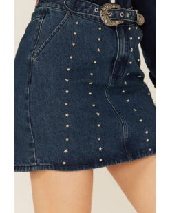 Rock & Roll Denim Women's Dark Wash Studded Belted Western Denim Mini Skirt -Western Cowboy 2000368495 400 P3