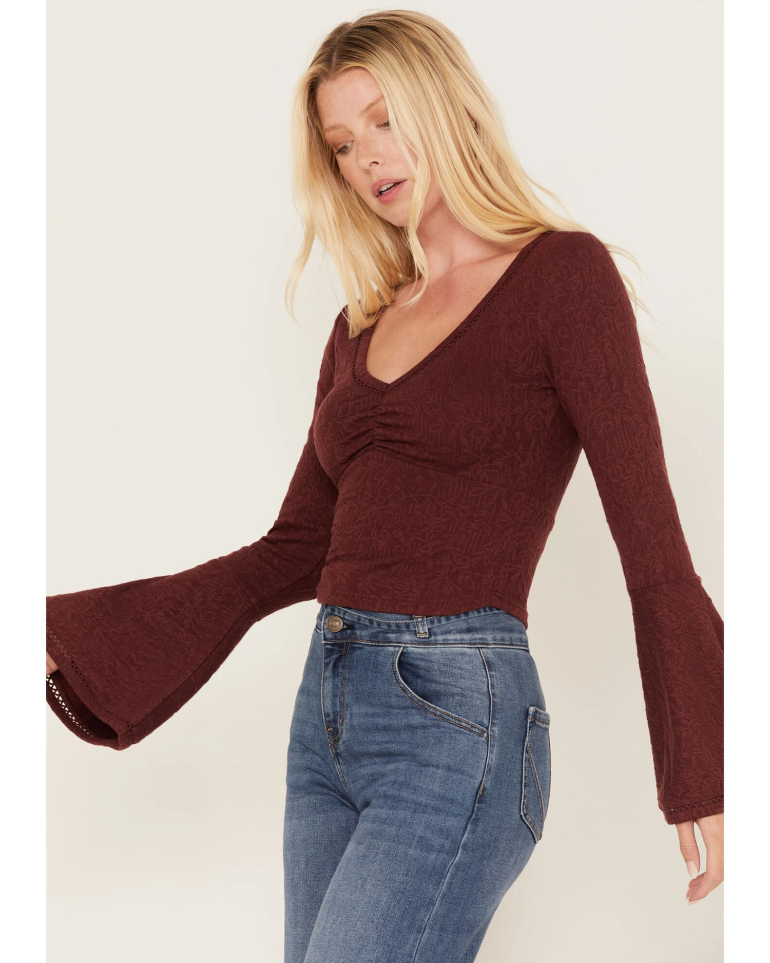 Shyanne Women's Deep V-Neck Bell Sleeve Crop Top 2 Shyanne Women's Deep V-Neck Bell Sleeve Crop Top - Image 2