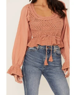 Free People Women's Megan Crochet Knit Peplum Puff Sleeve Top -Western Cowboy 2000374746 103 P3