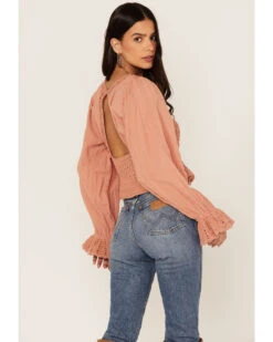 Free People Women's Megan Crochet Knit Peplum Puff Sleeve Top -Western Cowboy 2000374746 103 P4